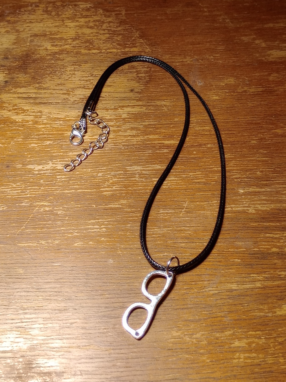 Silver Glasses Pendant Necklace on Black Cord